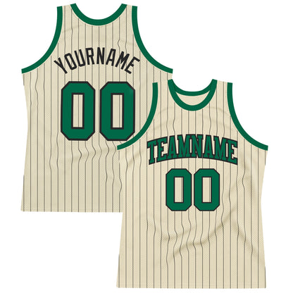 Custom Cream Black Pinstripe Kelly Green Authentic Basketball Jersey - Sky-Custom