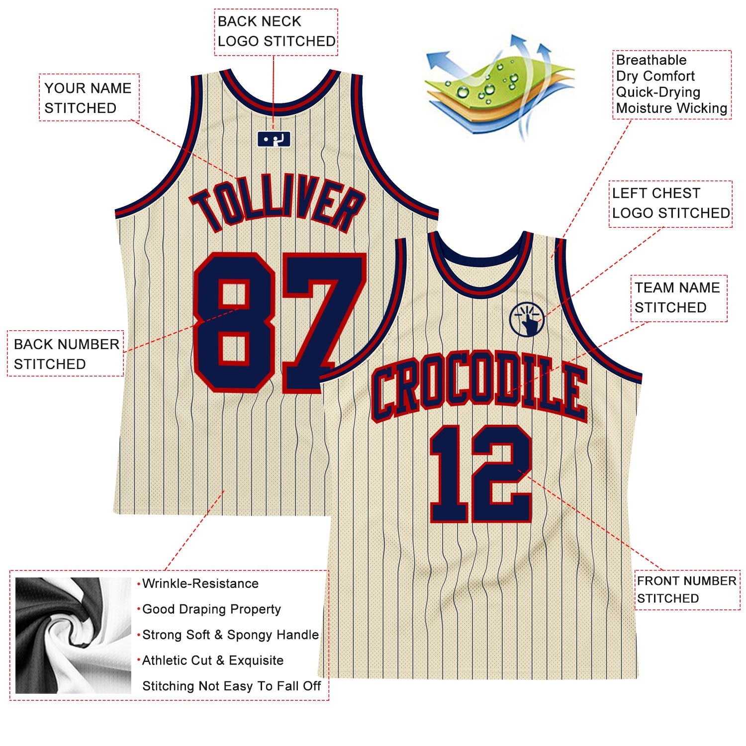 Custom Cream Navy Pinstripe Navy-Red Authentic Basketball Jersey - Sky-Custom
