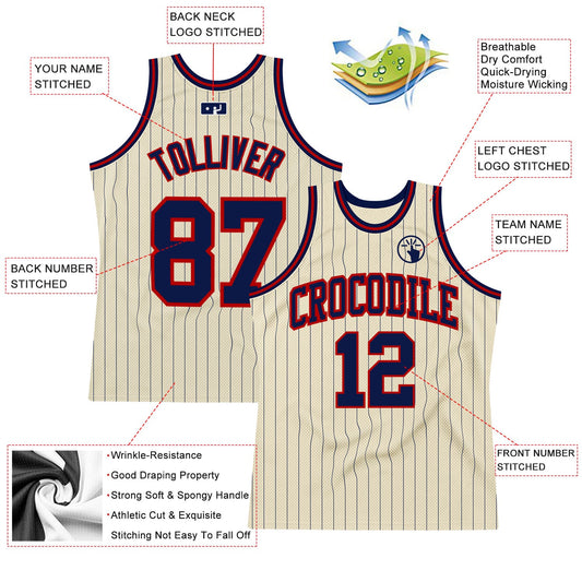 Custom Cream Navy Pinstripe Navy-Red Authentic Basketball Jersey - Sky-Custom