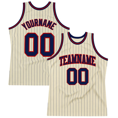 Custom Cream Navy Pinstripe Navy-Red Authentic Basketball Jersey - Sky-Custom