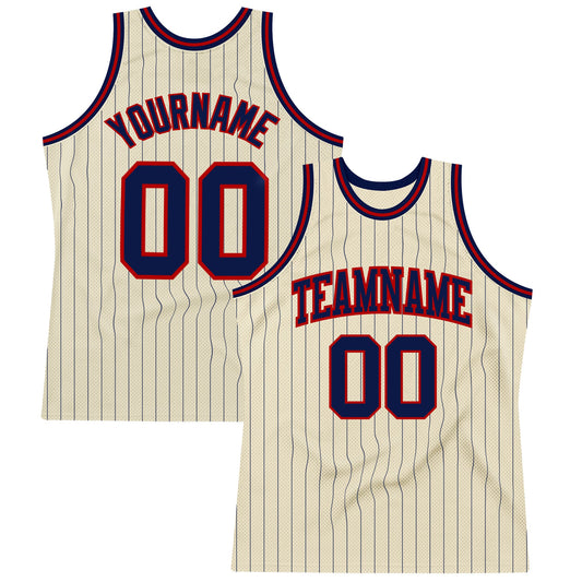 Custom Cream Navy Pinstripe Navy-Red Authentic Basketball Jersey - Sky-Custom