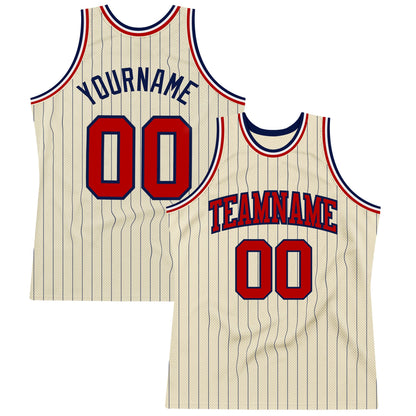 Custom Cream Navy Pinstripe Red Authentic Basketball Jersey - Sky-Custom