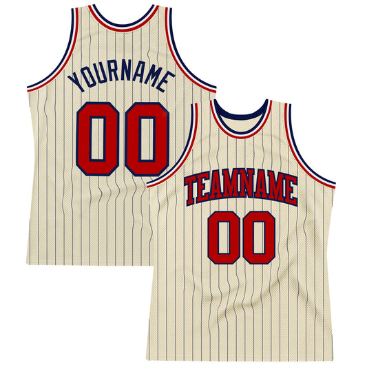 Custom Cream Navy Pinstripe Red Authentic Basketball Jersey - Sky-Custom
