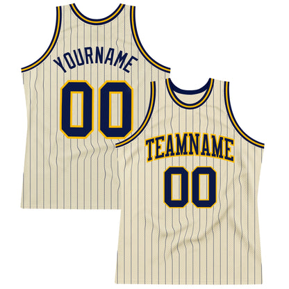 Custom Cream Navy Pinstripe Navy-Gold Authentic Basketball Jersey - Sky-Custom