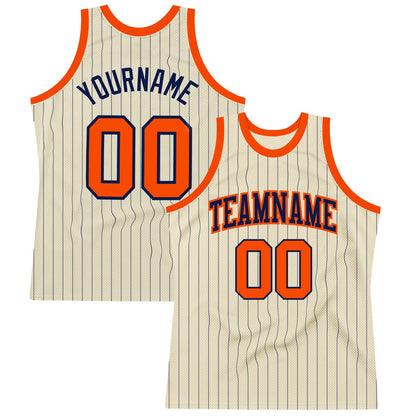 Custom Cream Navy Pinstripe Orange Authentic Basketball Jersey - Sky-Custom