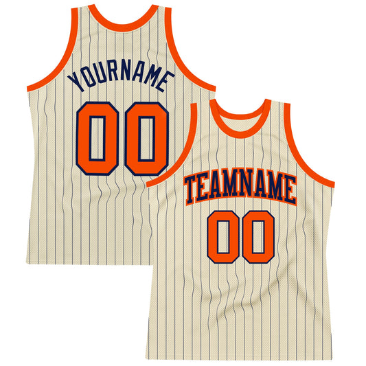 Custom Cream Navy Pinstripe Orange Authentic Basketball Jersey - Sky-Custom