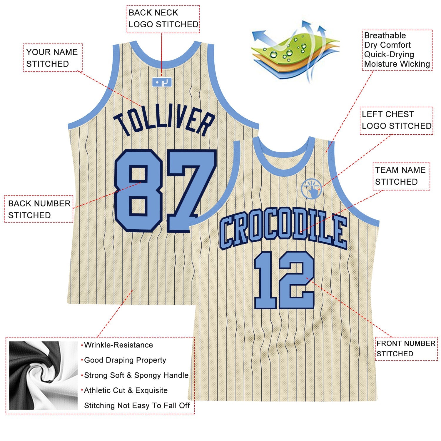 Custom Cream Navy Pinstripe Light Blue Authentic Basketball Jersey - Sky-Custom