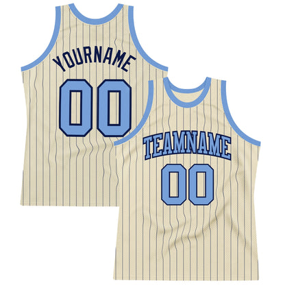 Custom Cream Navy Pinstripe Light Blue Authentic Basketball Jersey - Sky-Custom
