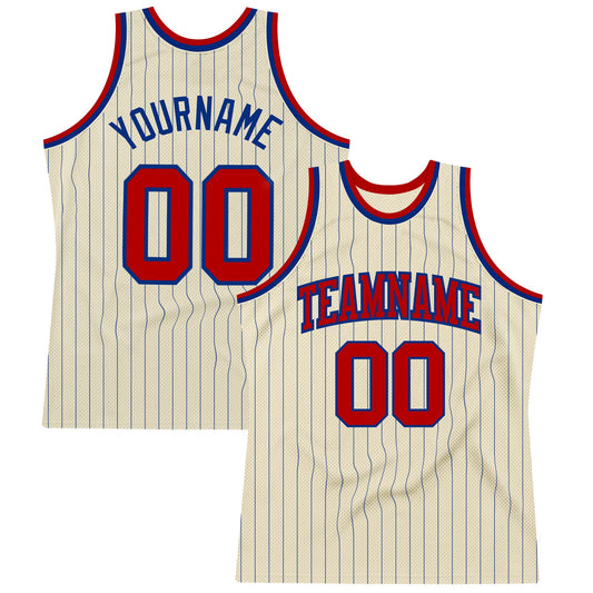 Custom Cream Royal Pinstripe Red Authentic Basketball Jersey - Sky-Custom