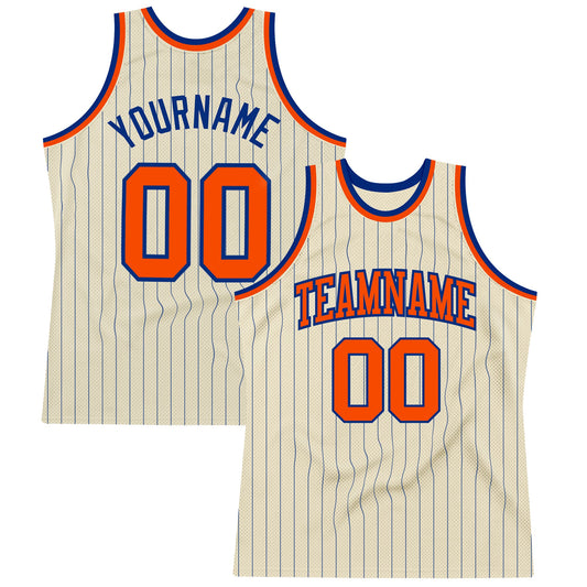 Custom Cream Royal Pinstripe Orange Authentic Basketball Jersey - Sky-Custom