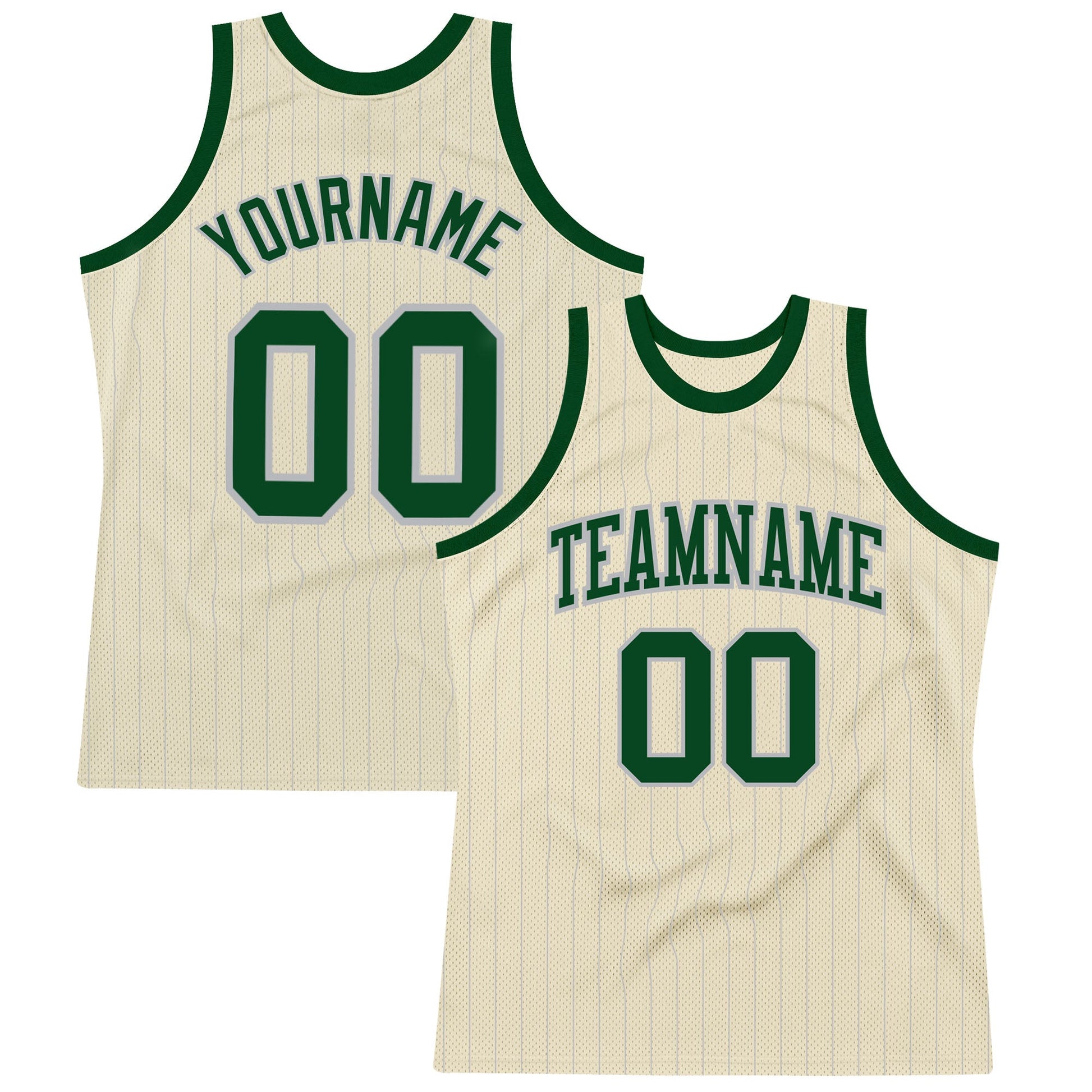 Custom Cream Gray Pinstripe Green Authentic Basketball Jersey - Sky-Custom