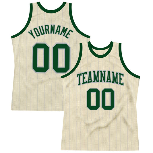 Custom Cream Gray Pinstripe Green Authentic Basketball Jersey - Sky-Custom
