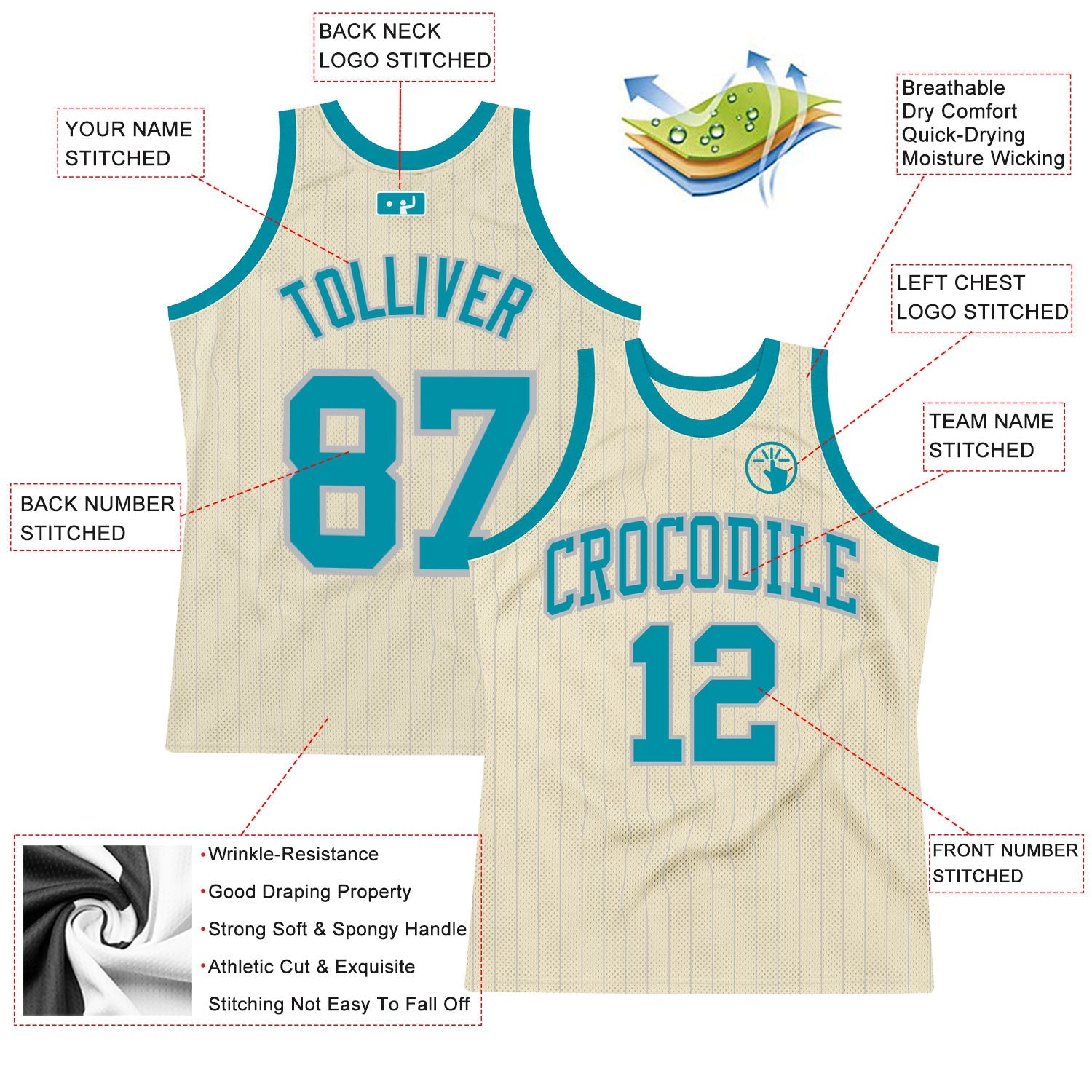 Custom Cream Gray Pinstripe Teal Authentic Basketball Jersey - Sky-Custom