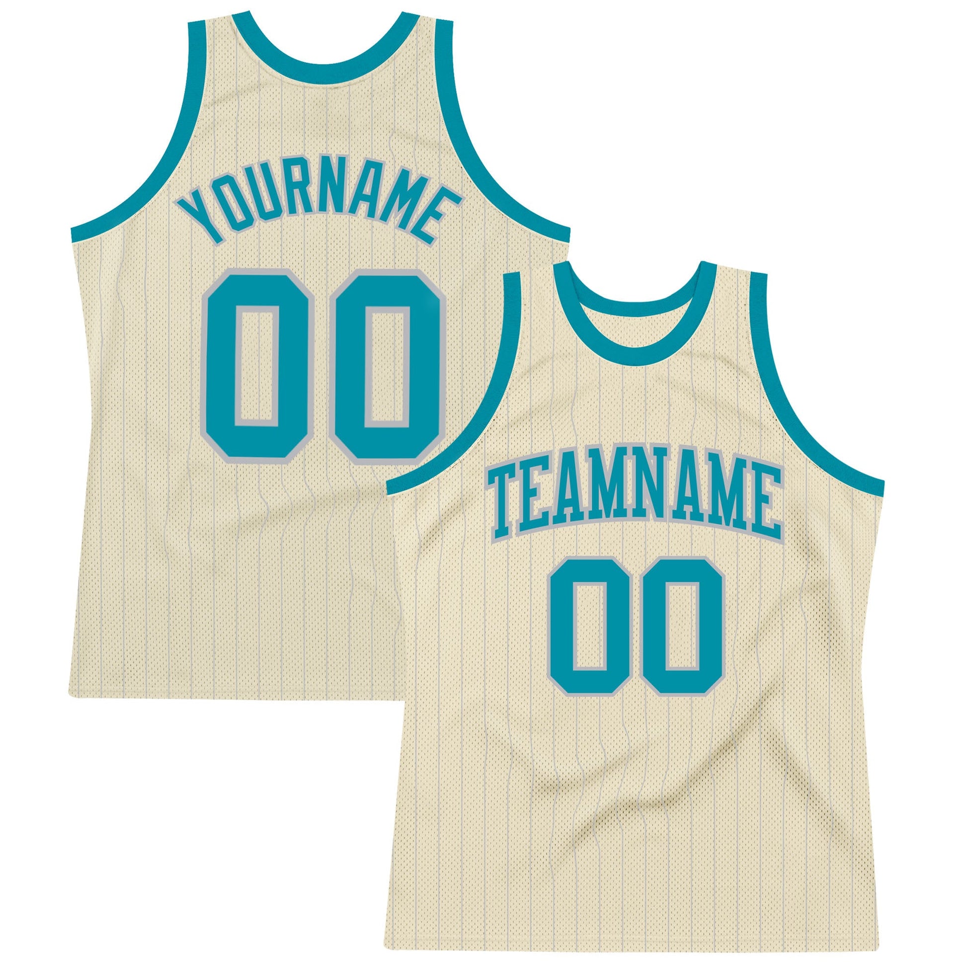 Custom Cream Gray Pinstripe Teal Authentic Basketball Jersey - Sky-Custom
