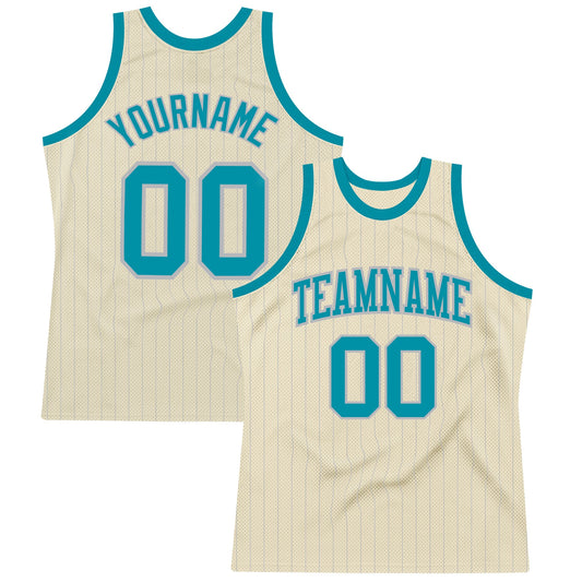 Custom Cream Gray Pinstripe Teal Authentic Basketball Jersey - Sky-Custom