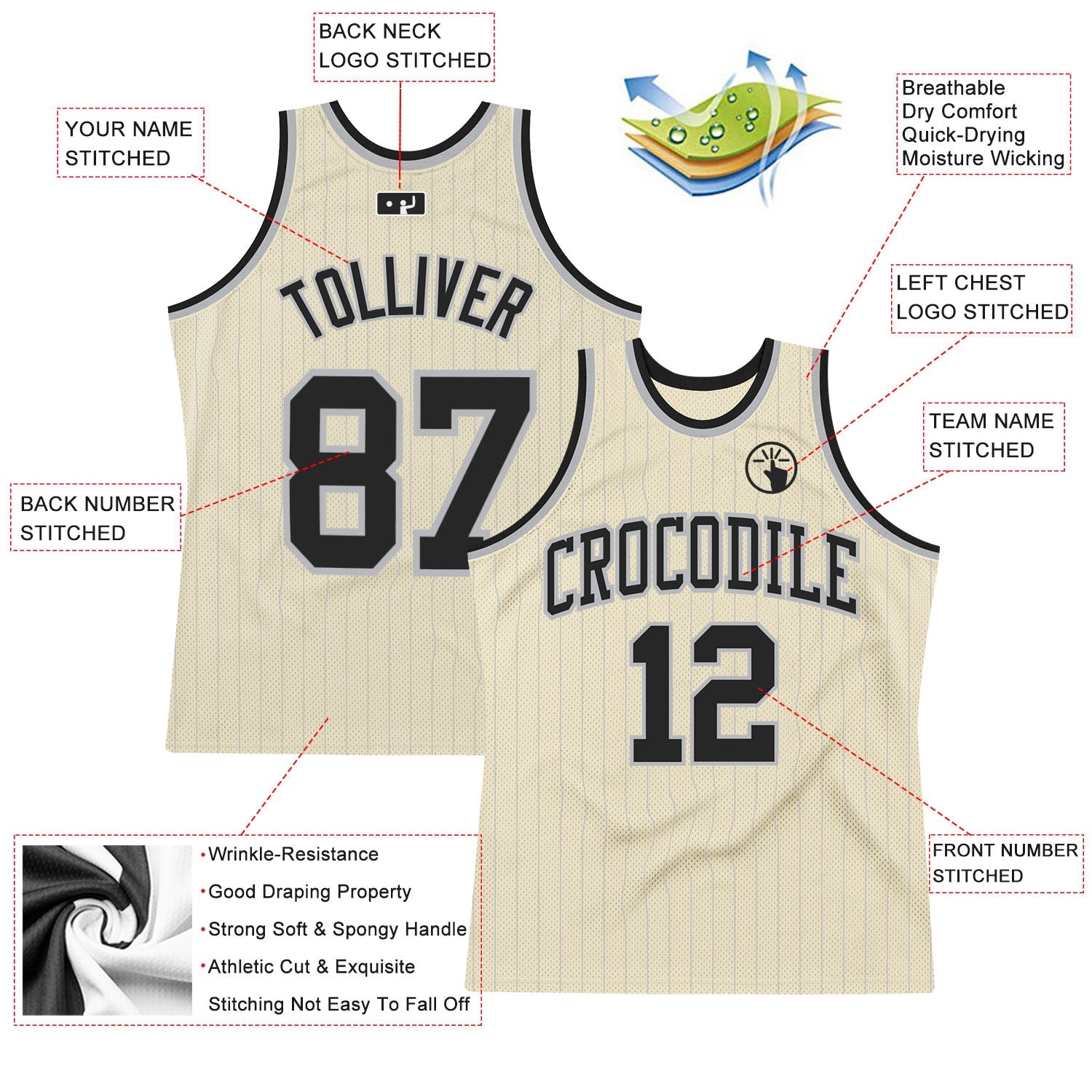 Custom Cream Gray Pinstripe Black Authentic Basketball Jersey - Sky-Custom