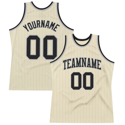 Custom Cream Gray Pinstripe Black Authentic Basketball Jersey - Sky-Custom