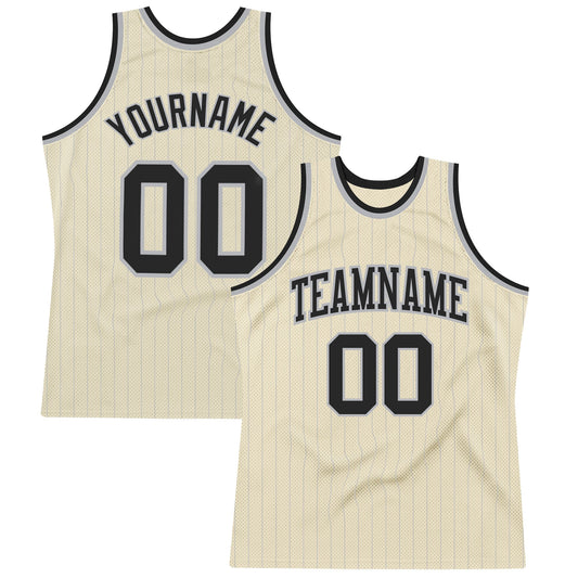 Custom Cream Gray Pinstripe Black Authentic Basketball Jersey - Sky-Custom