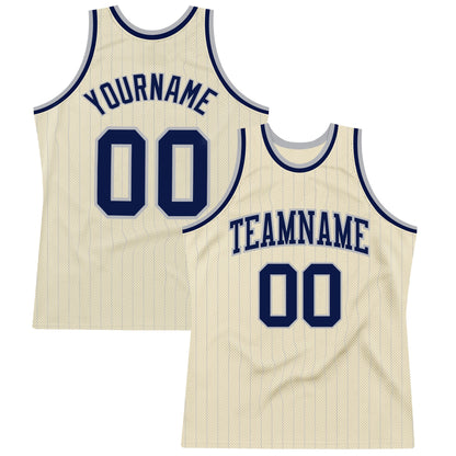 Custom Cream Gray Pinstripe Navy Authentic Basketball Jersey - Sky-Custom