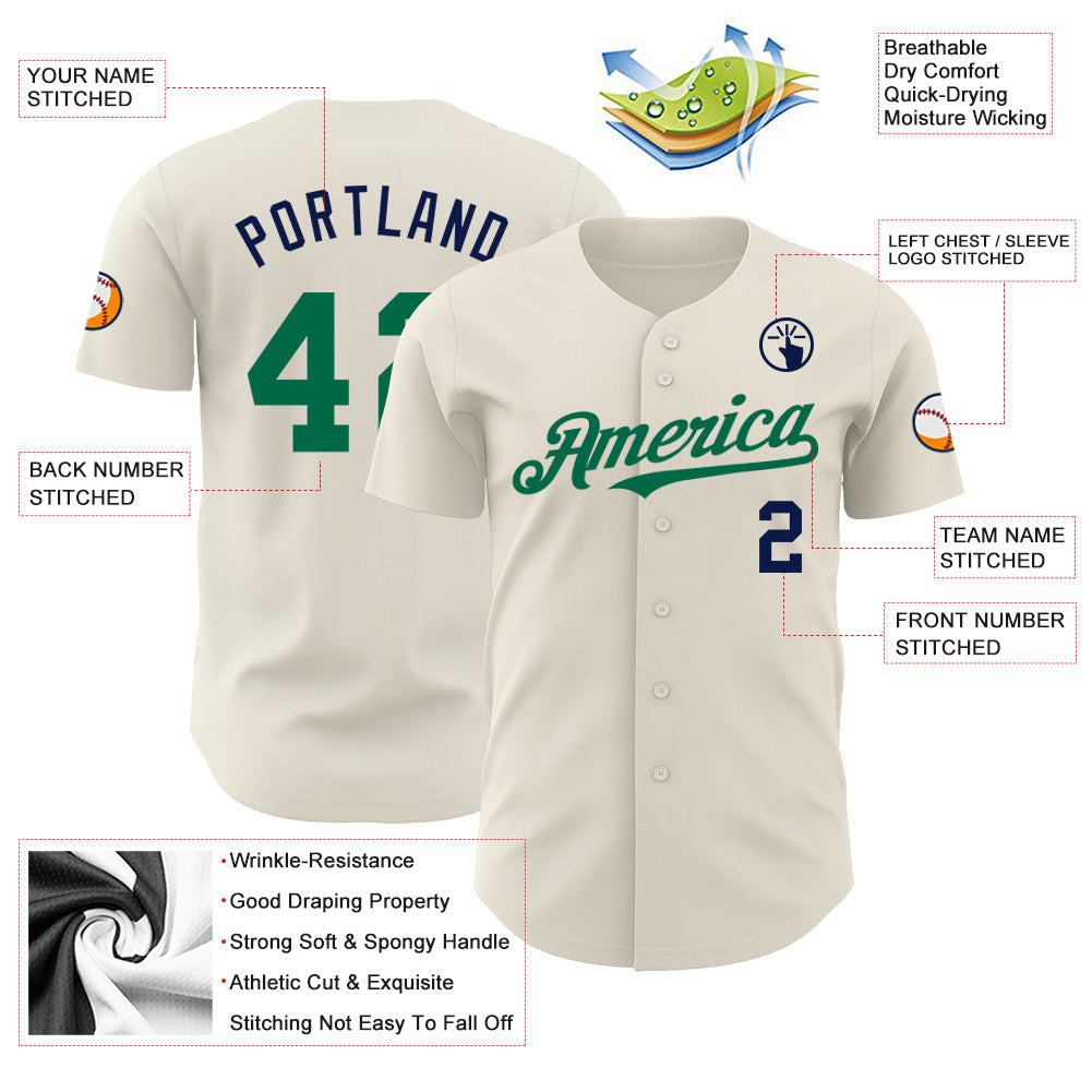 Custom Cream Kelly Green-Navy Authentic Baseball Jersey - Sky-Custom
