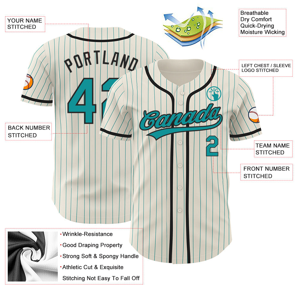 Custom Cream Teal Pinstripe Black Authentic Baseball Jersey - Sky-Custom