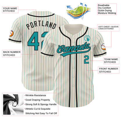 Custom Cream Teal Pinstripe Black Authentic Baseball Jersey - Sky-Custom