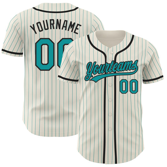 Custom Cream Teal Pinstripe Black Authentic Baseball Jersey - Sky-Custom