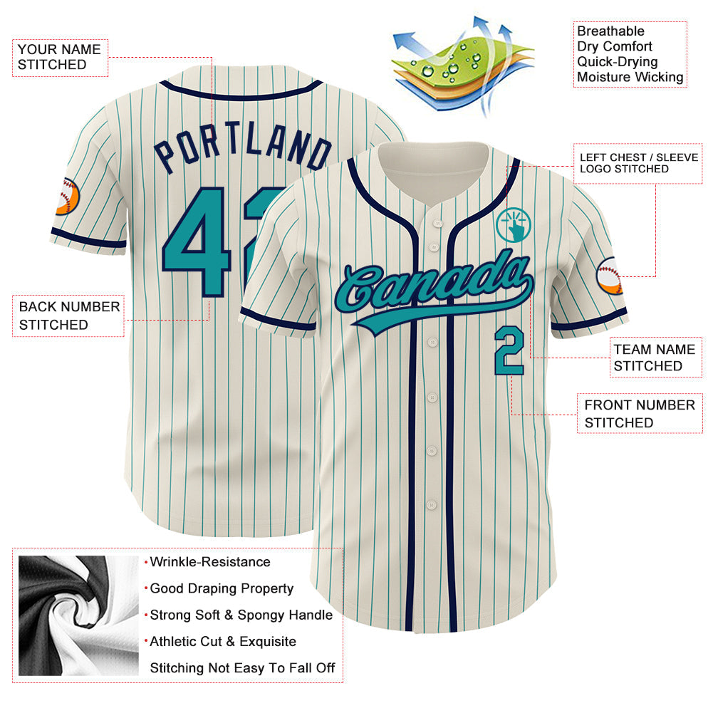 Custom Cream Teal Pinstripe Navy Authentic Baseball Jersey - Sky-Custom