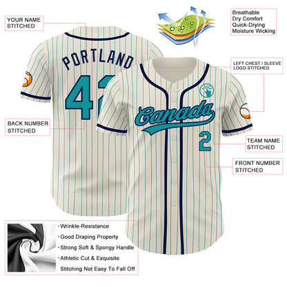 Custom Cream Teal Pinstripe Navy Authentic Baseball Jersey - Sky-Custom
