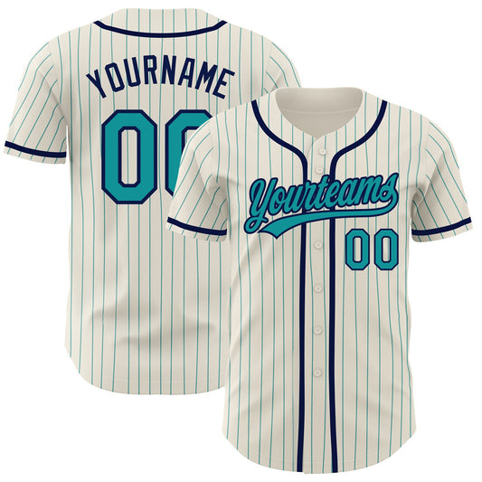 Custom Cream Teal Pinstripe Navy Authentic Baseball Jersey - Sky-Custom