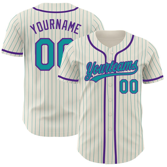 Custom Cream Teal Pinstripe Purple Authentic Baseball Jersey - Sky-Custom