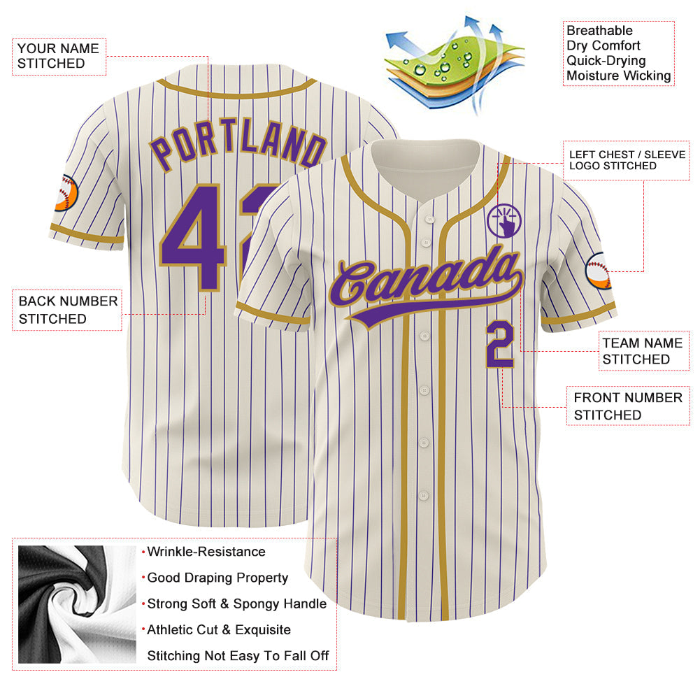 Custom Cream Purple Pinstripe Old Gold Authentic Baseball Jersey - Sky-Custom