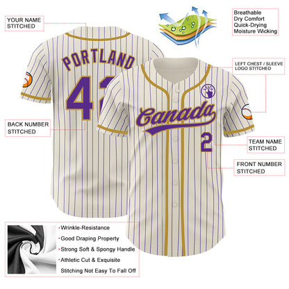 Custom Cream Purple Pinstripe Old Gold Authentic Baseball Jersey - Sky-Custom