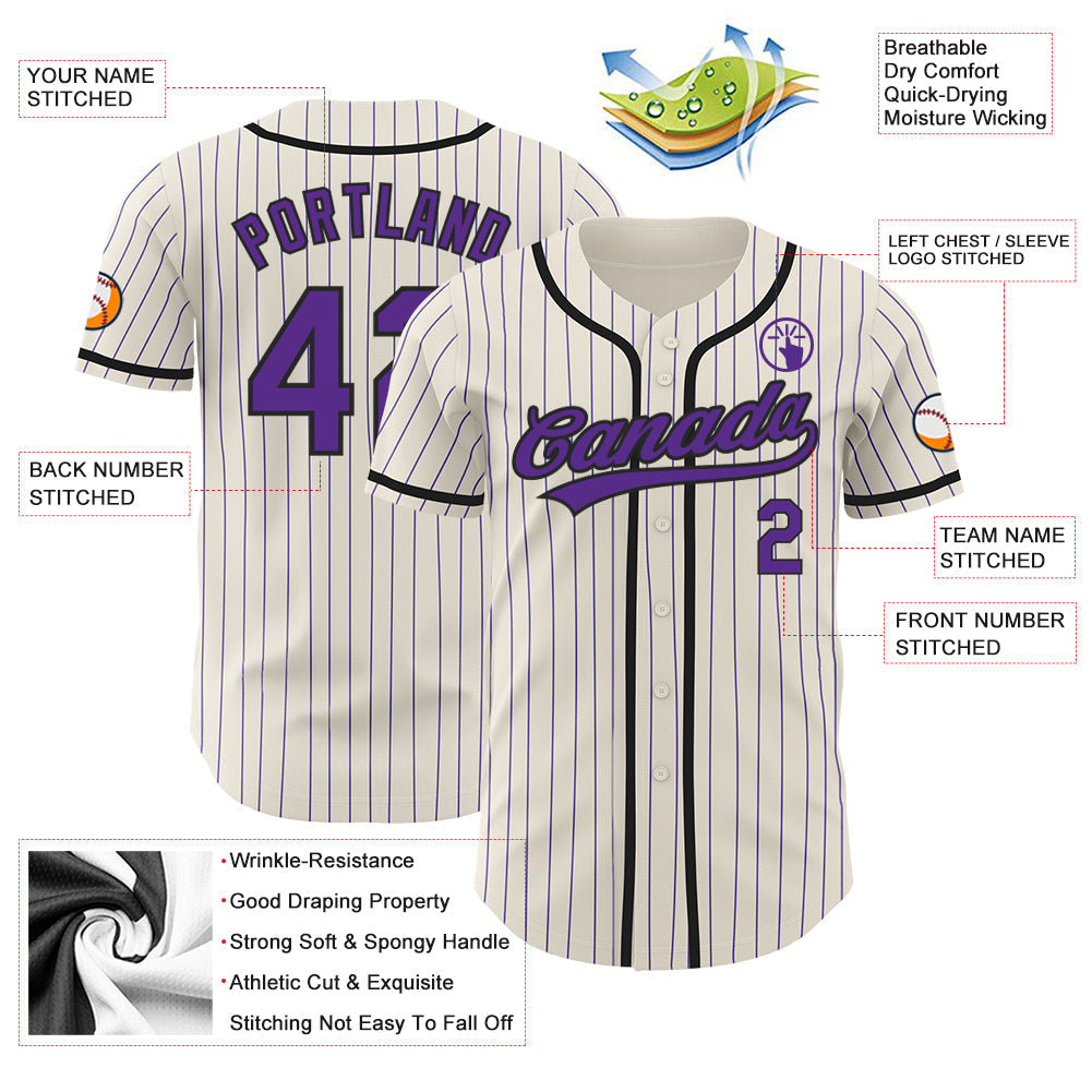 Custom Cream Purple Pinstripe Black Authentic Baseball Jersey - Sky-Custom
