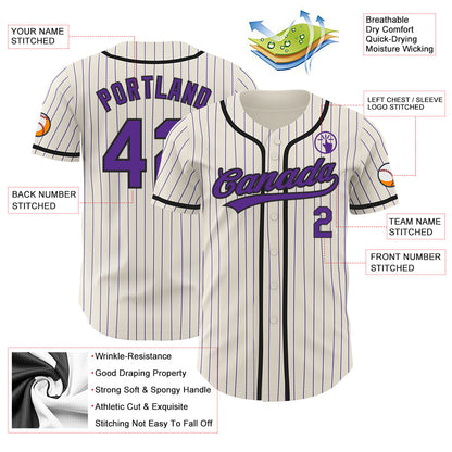 Custom Cream Purple Pinstripe Black Authentic Baseball Jersey - Sky-Custom