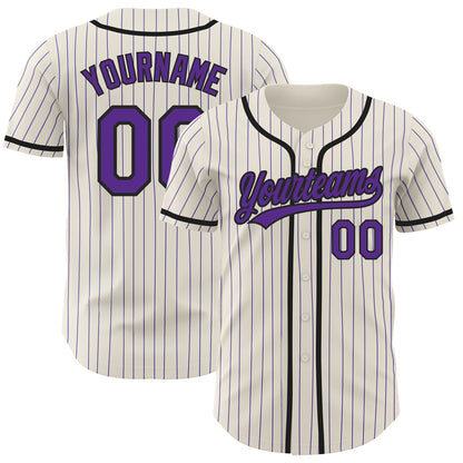 Custom Cream Purple Pinstripe Black Authentic Baseball Jersey - Sky-Custom