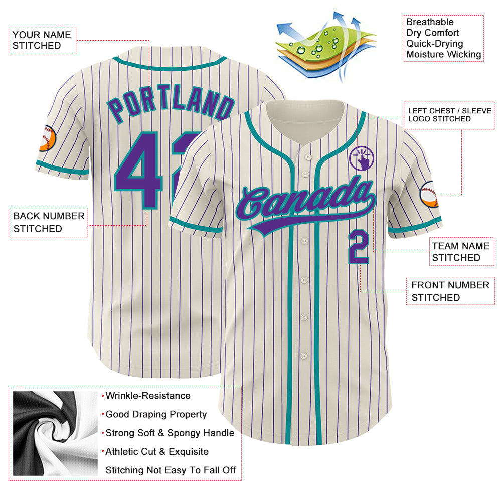 Custom Cream Purple Pinstripe Teal Authentic Baseball Jersey - Sky-Custom