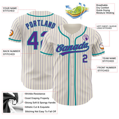 Custom Cream Purple Pinstripe Teal Authentic Baseball Jersey - Sky-Custom