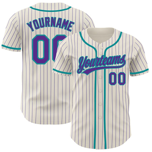 Custom Cream Purple Pinstripe Teal Authentic Baseball Jersey - Sky-Custom