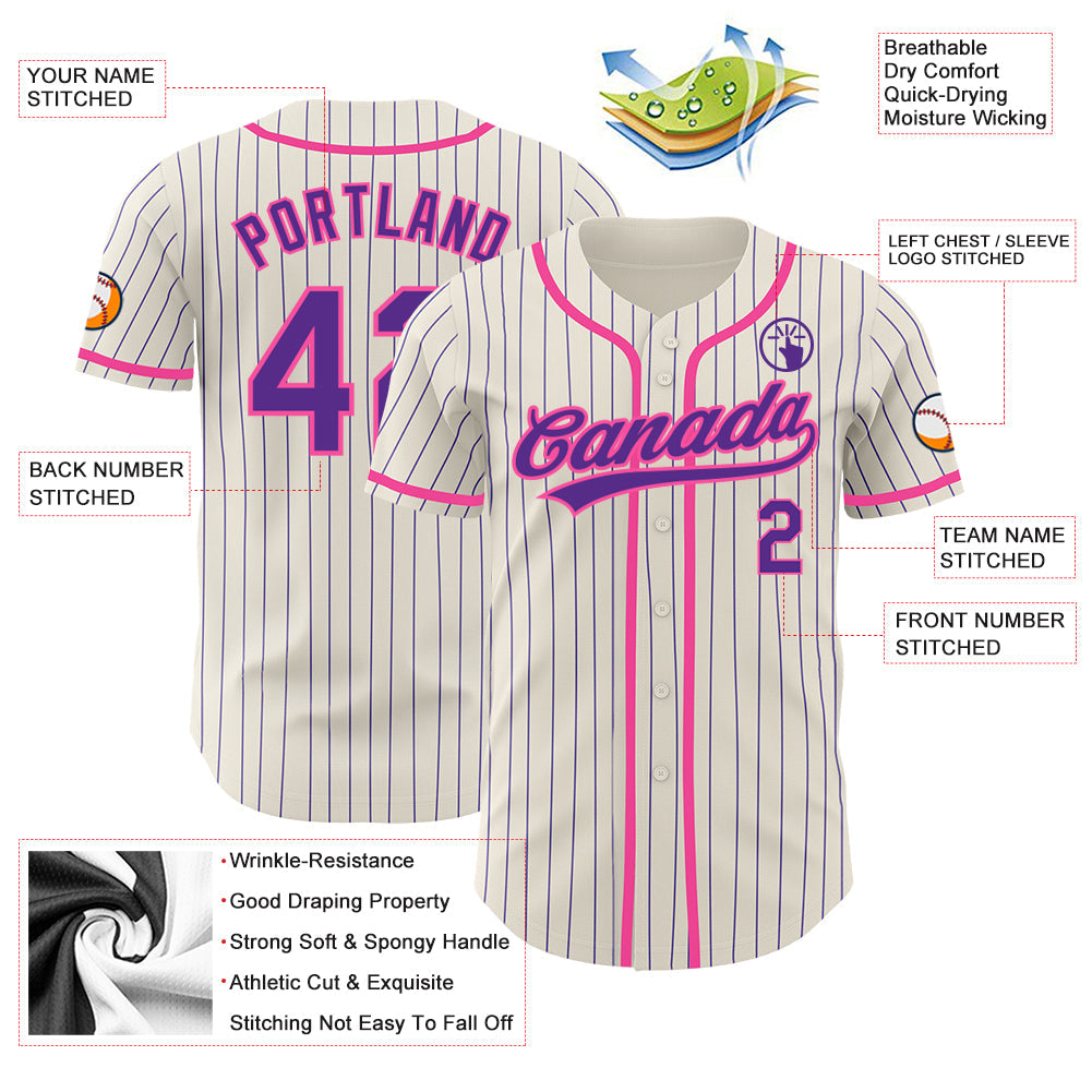 Custom Cream Purple Pinstripe Pink Authentic Baseball Jersey - Sky-Custom