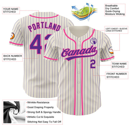Custom Cream Purple Pinstripe Pink Authentic Baseball Jersey - Sky-Custom