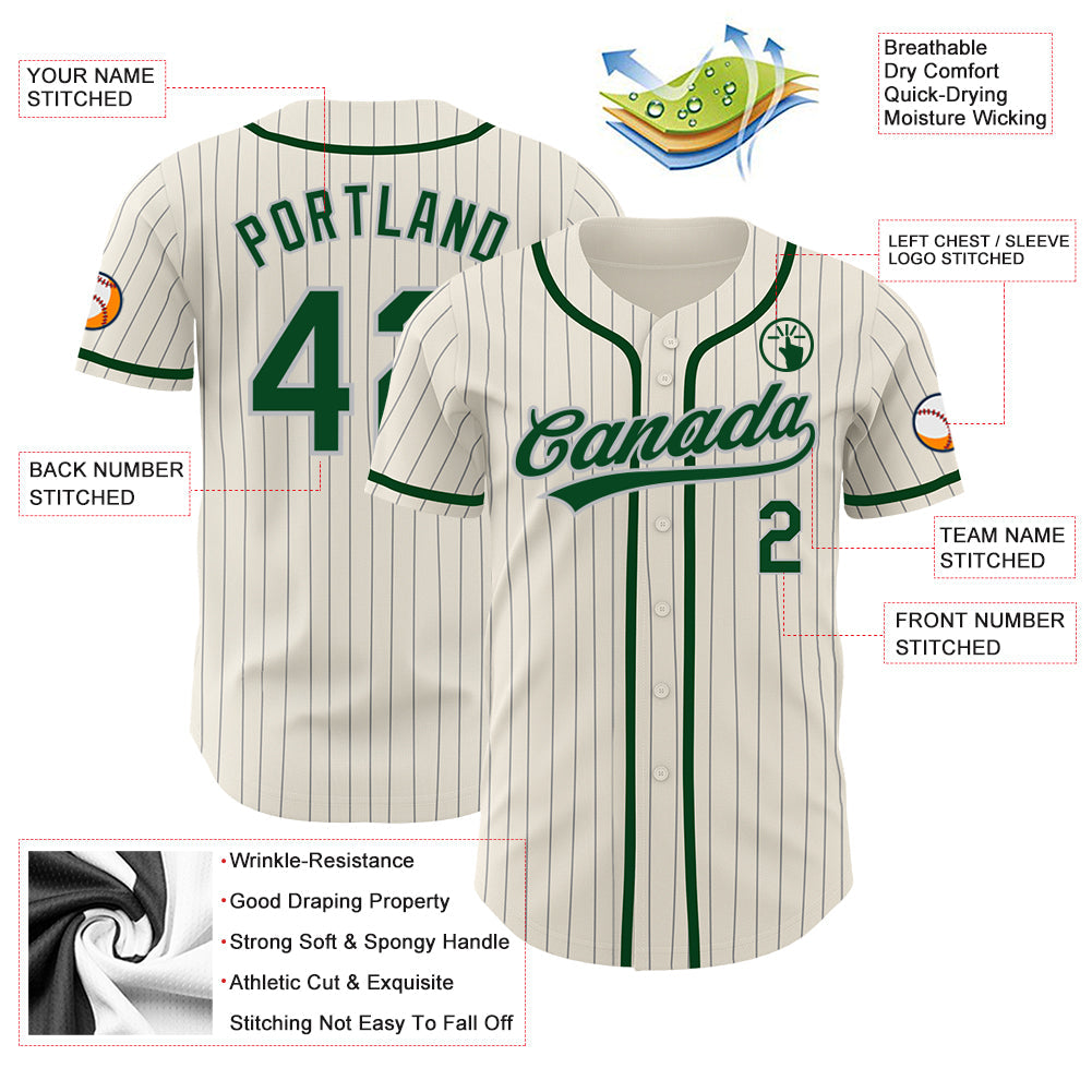 Custom Cream Gray Pinstripe Green Authentic Baseball Jersey - Sky-Custom