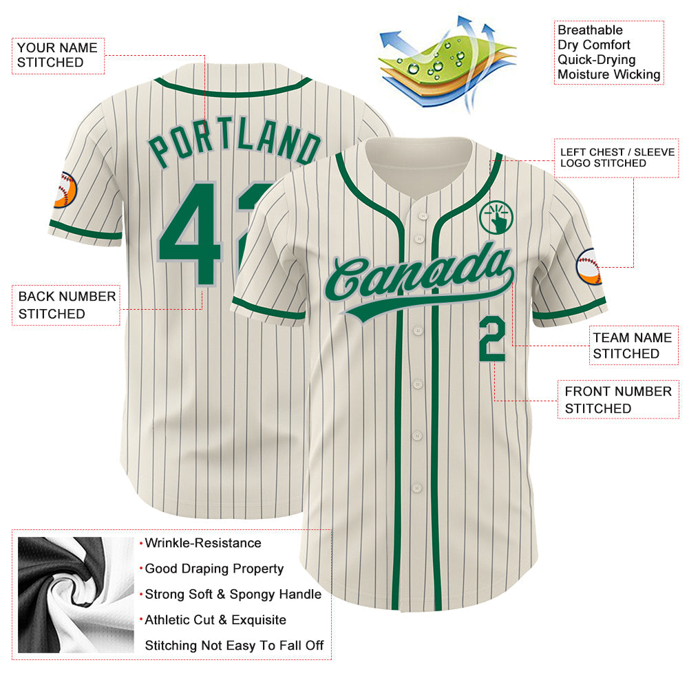 Custom Cream Gray Pinstripe Kelly Green Authentic Baseball Jersey - Sky-Custom