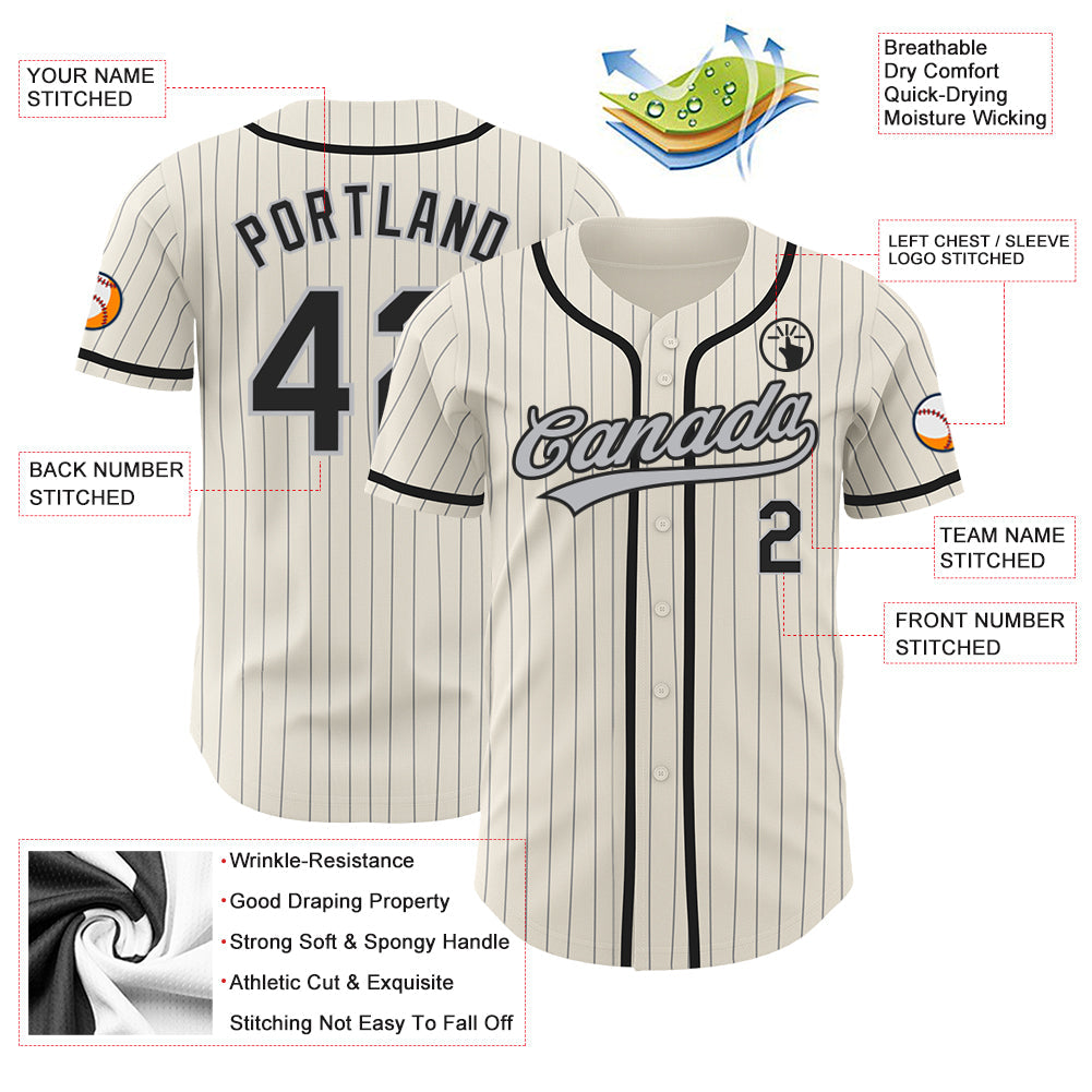 Custom Cream Gray Pinstripe Black Authentic Baseball Jersey - Sky-Custom