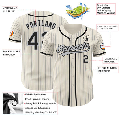Custom Cream Gray Pinstripe Black Authentic Baseball Jersey - Sky-Custom