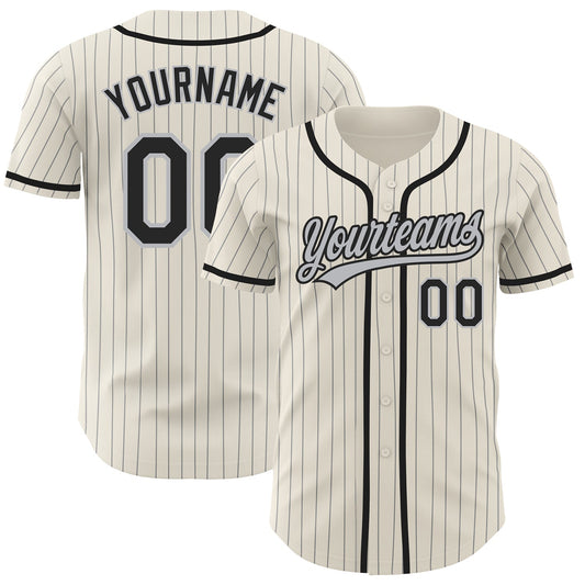 Custom Cream Gray Pinstripe Black Authentic Baseball Jersey - Sky-Custom
