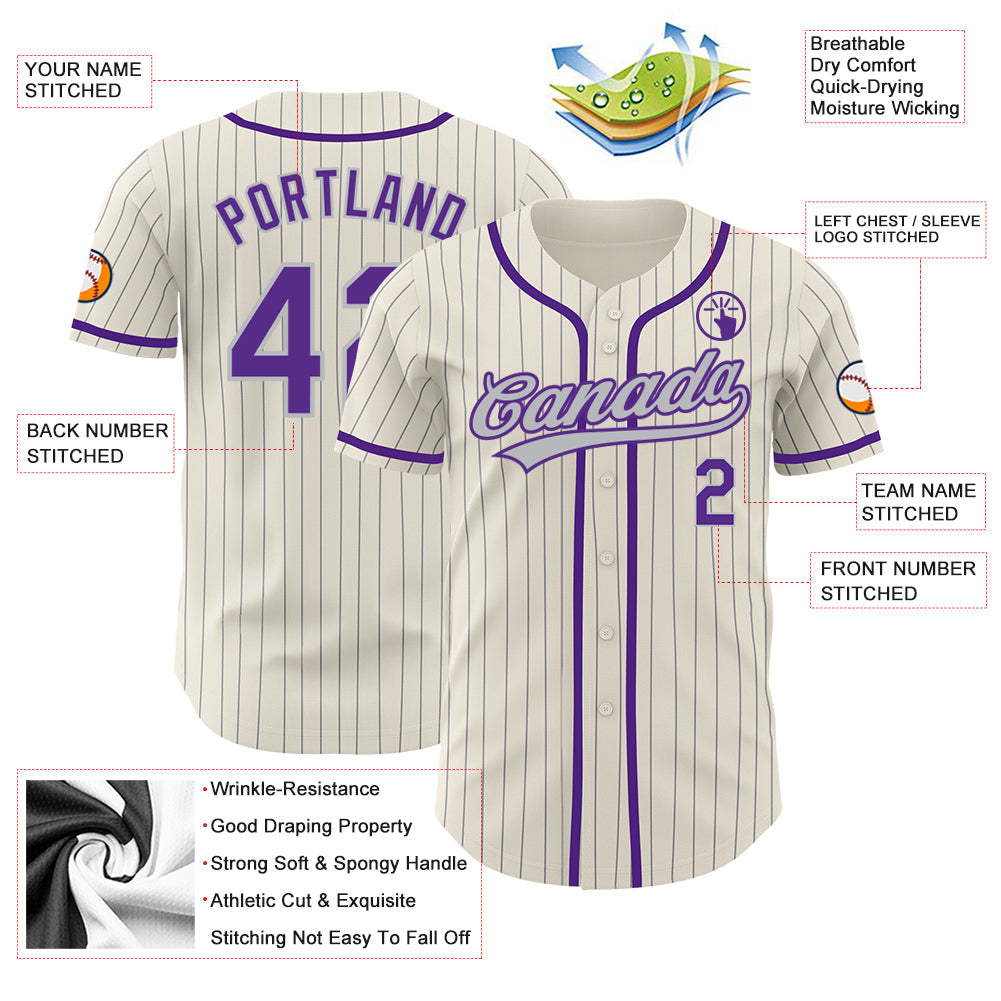 Custom Cream Gray Pinstripe Purple Authentic Baseball Jersey - Sky-Custom