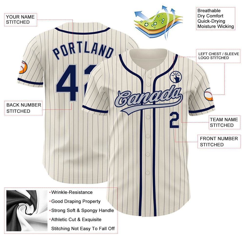 Custom Cream Gray Pinstripe Navy Authentic Baseball Jersey - Sky-Custom