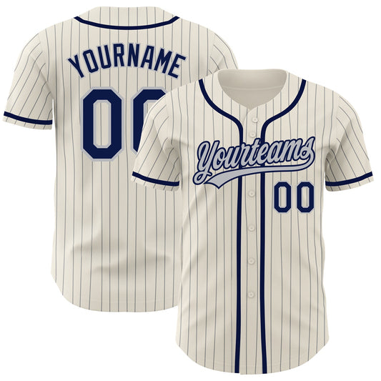 Custom Cream Gray Pinstripe Navy Authentic Baseball Jersey - Sky-Custom
