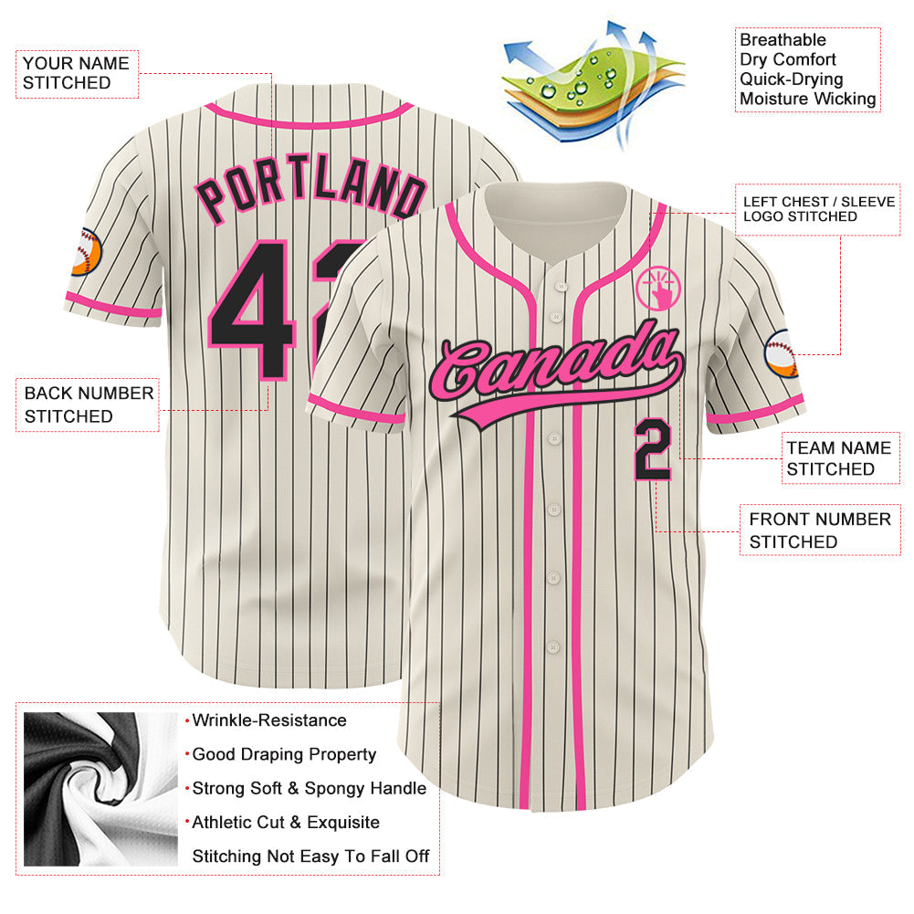 Custom Cream Black Pinstripe Pink Authentic Baseball Jersey - Sky-Custom